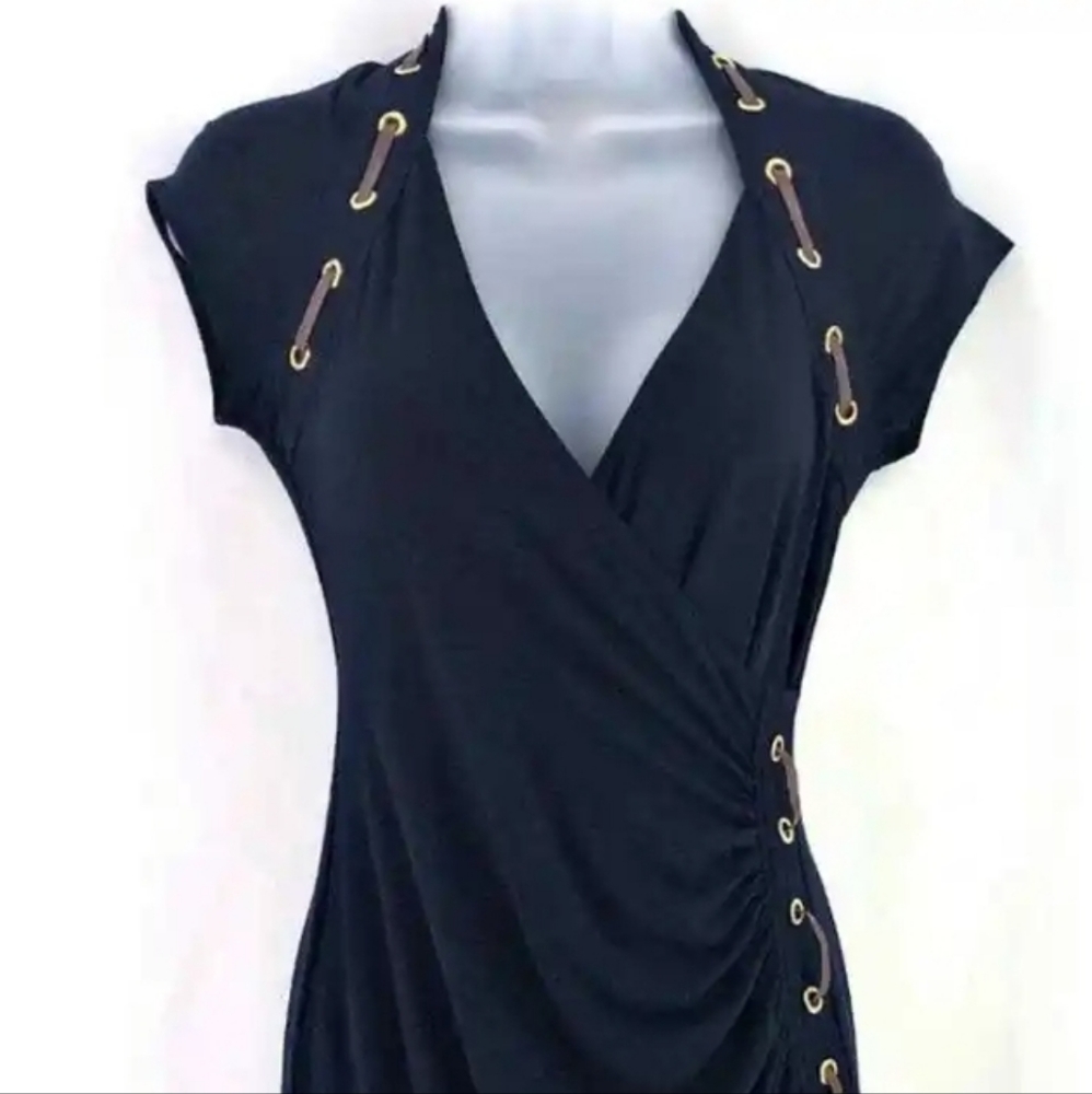 Carmen Marc Valvo Black Faux Leather Lace Up Dress